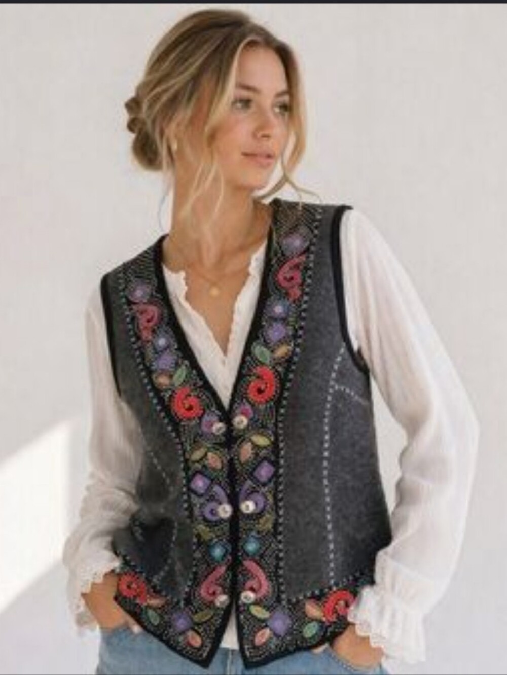 Icelandic Design Wool Felt Colorful Pattern Print Nordic Vest Size M Gray
